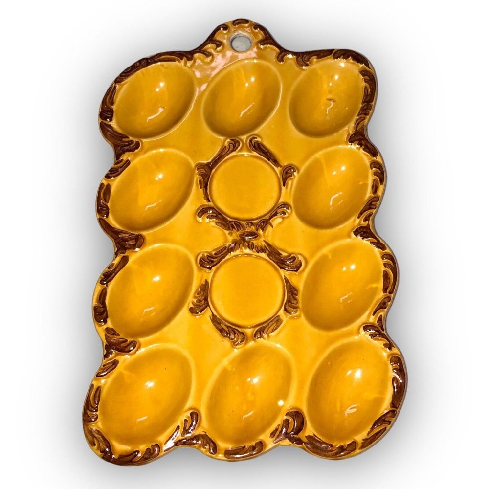 Vintage MCM Deviled Egg Serving Platter Harvest Gold JAPAN Ceramic Hang Plate - Picture 4 of 9